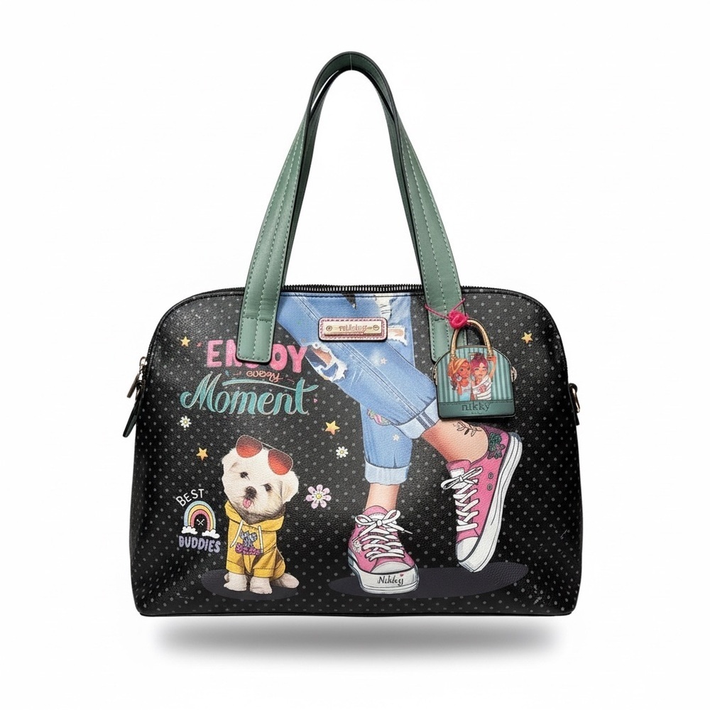 Nicole Lee Black and Green Graphic Shoulder Bag with crossbody strap.